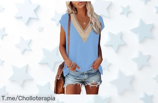 Camiseta de encaje mujer cuello en V con descuento brutal para verano estilo casual que nunca falla precio loco y oferta limitada corre antes que se acabe
