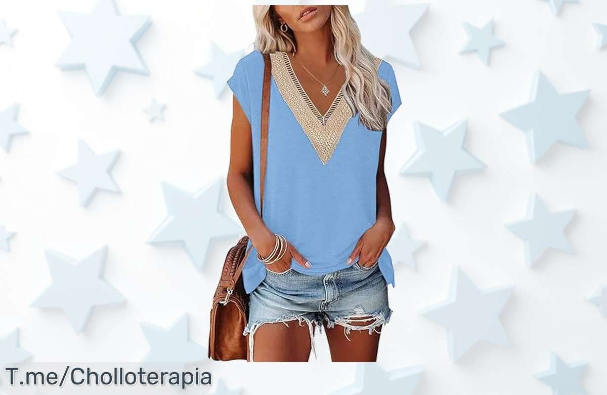 Camiseta de encaje mujer cuello en V con descuento brutal para verano estilo casual que nunca falla precio loco y oferta limitada corre antes que se acabe
