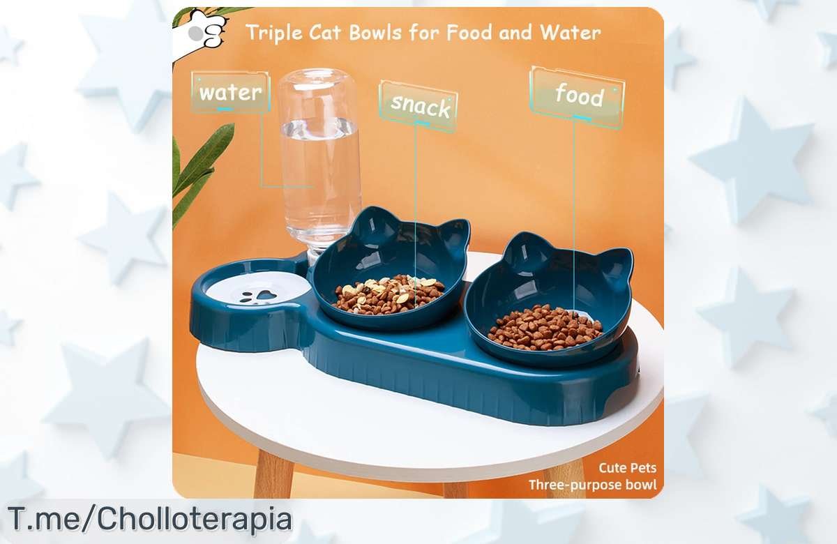 Cuencos triples para mascotas con biberón automático y diseño giratorio que cuida a tope a tu peludo precio loco y descuento brutal por tiempo limitado corre ya no lo dejes escapar