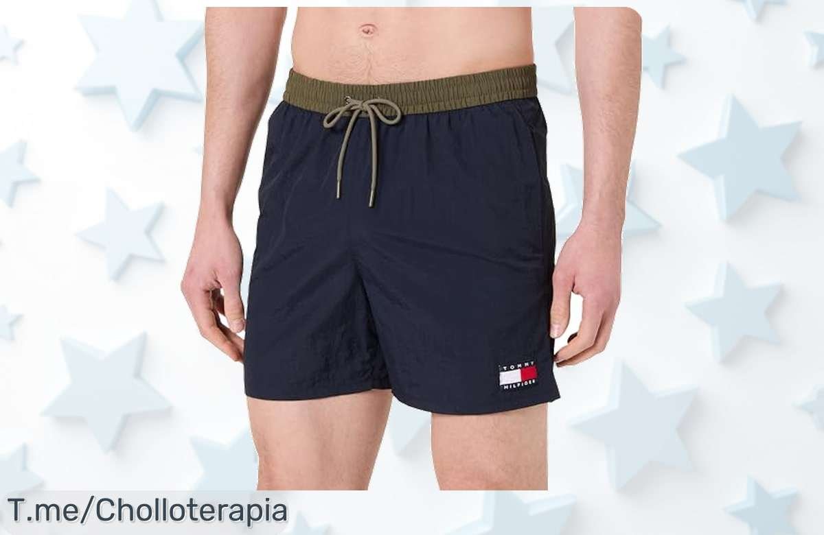 Descubre el bañador Tommy Hilfiger azul medium con cintura ajustable tela súper liviana un ofertón de precio loco que te encantará actúa rápido antes que se acabe este descuento brutal nunca visto