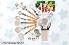 Descubre el set de utensilios más resistente y sin olores a quemado con mango madera precio loco y descuento brutal oferta limitada corre por el ofertón que vuela