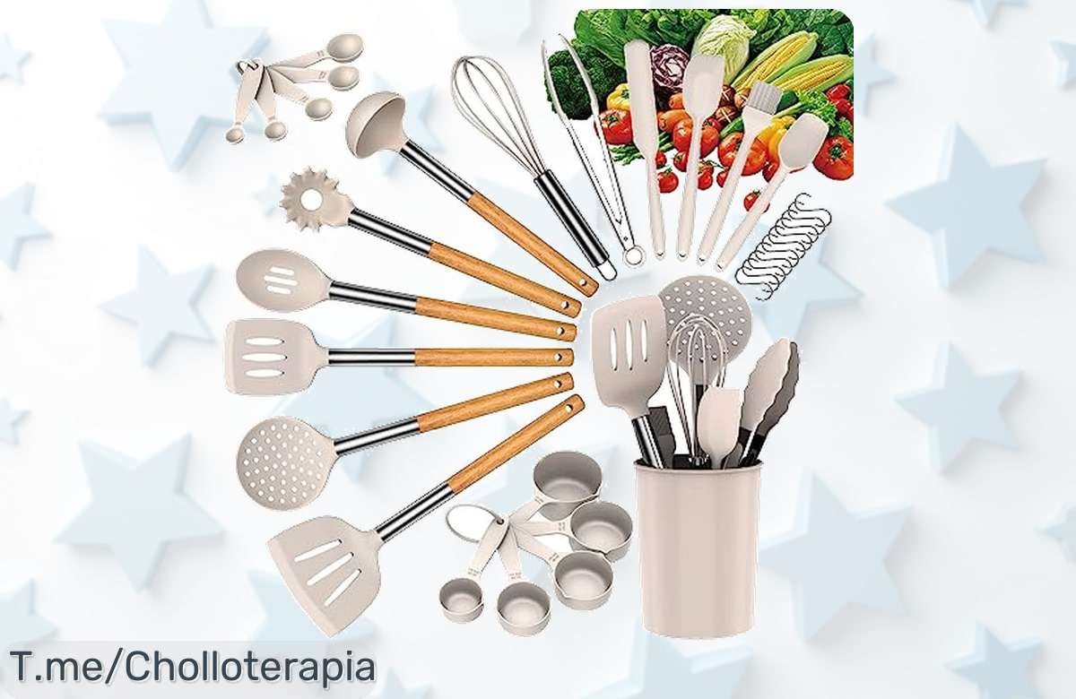 Descubre el set de utensilios más resistente y sin olores a quemado con mango madera precio loco y descuento brutal oferta limitada corre por el ofertón que vuela