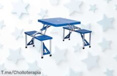 Descubre la mesa plegable con 4 taburetes súper ligera y resistente hasta 80 kg precio loco nunca visto monta y pliega en segundos aprovecha este super chollo ahora mismo