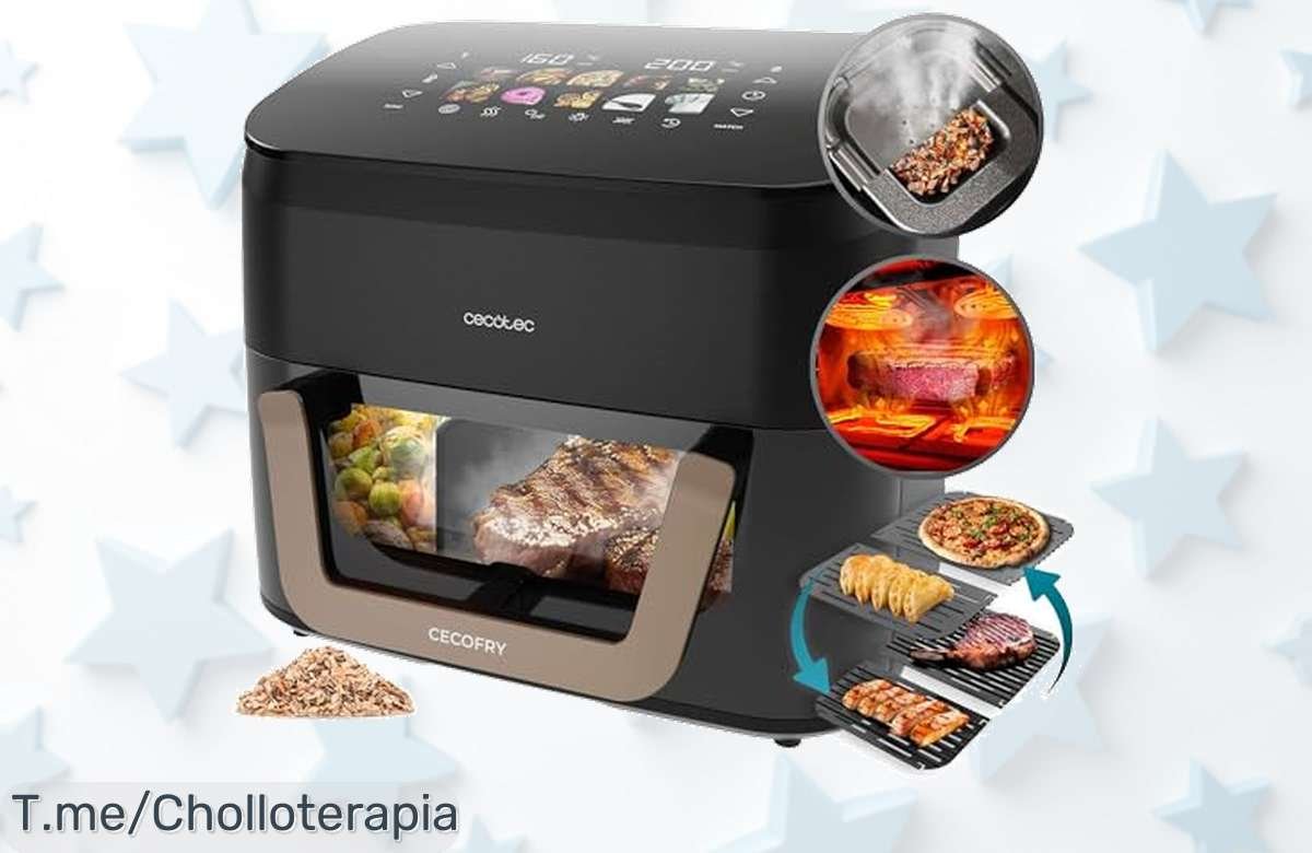 Freidora de aire 11 litros con plancha grill y ahumador potente disfruta carnes perfectas sin aceite a un precio loco aprovecha este ofertón nunca visto ¡compra ya!