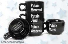 Juego 5 tazas negras con mensajes irreverentes para alegrar tus mañanas precio loco y descuento brutal nunca visto aprovecha este ofertón único antes que se acabe