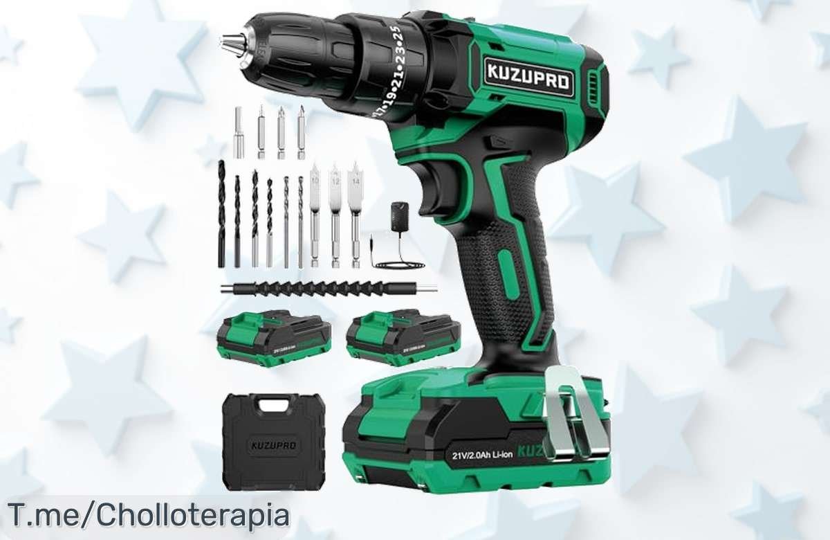 Kuzupro taladro percutor 21V con luz led y 14 accesorios potencia brutal precio de ganga nunca visto aprovecha este ofertón único antes que se agote