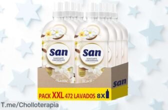 San suavizante líquido concentrado pack 8 con fragancia coco que dura hasta 20 días precio loco y descuento brutal disfruta de ropa suave sin estática ahora es tu ofertón nunca visto ¡aprovecha ya!