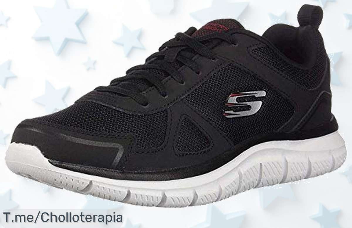Skechers Track Scloric negro con soporte impecable y suela de goma que no falla aprovecha este ofertón nunca visto por tiempo limitado corre ya precio loco y descuento brutal
