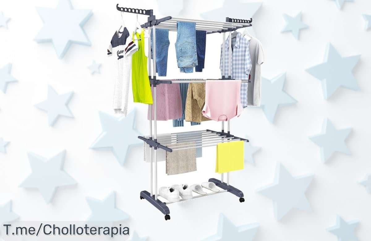 Tendedero plegable Mikomika con 4 niveles y ruedas giratorias aprovecha cada rincón carga hasta 35 kg a precio loco oferta limitada ¡aprovecha este super chollo ya!