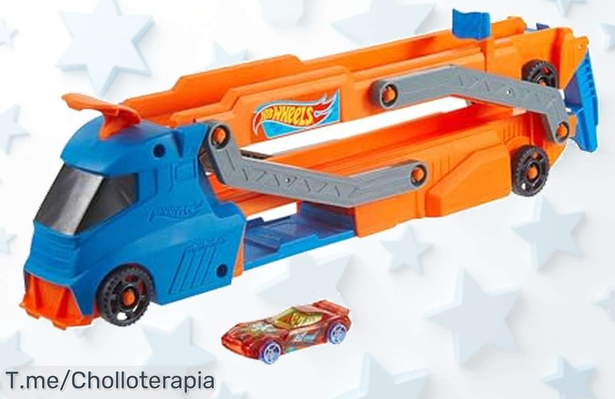Camión transportador Hot Wheels que se transforma en pista gigante con rampa para acrobacias precio loco súper chollo descuento brutal oferta nunca vista corre antes que se agote