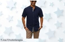 Camisa azul oscuro sin plancha con botones y dobladillo trendy precio loco descuento brutal oferta única nunca vista corre que vuelan las unidades