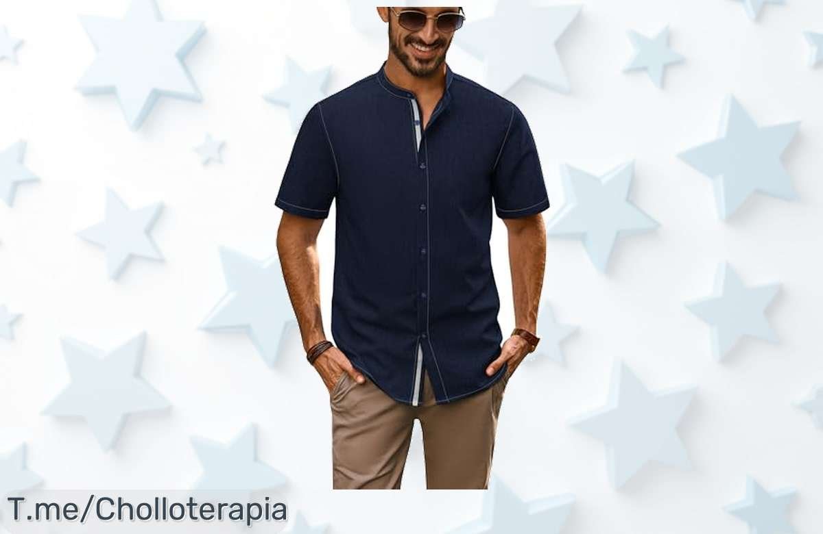 Camisa azul oscuro sin plancha con botones y dobladillo trendy precio loco descuento brutal oferta única nunca vista corre que vuelan las unidades
