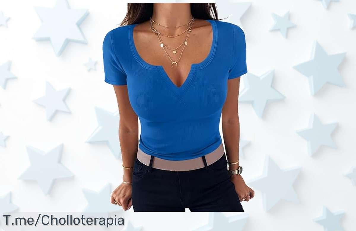 Camiseta mujer azul zafiro con cuello en V que realza tu figura un super chollo con descuento brutal y precio de ganga nunca visto aprovecha ya esta oferta limitada