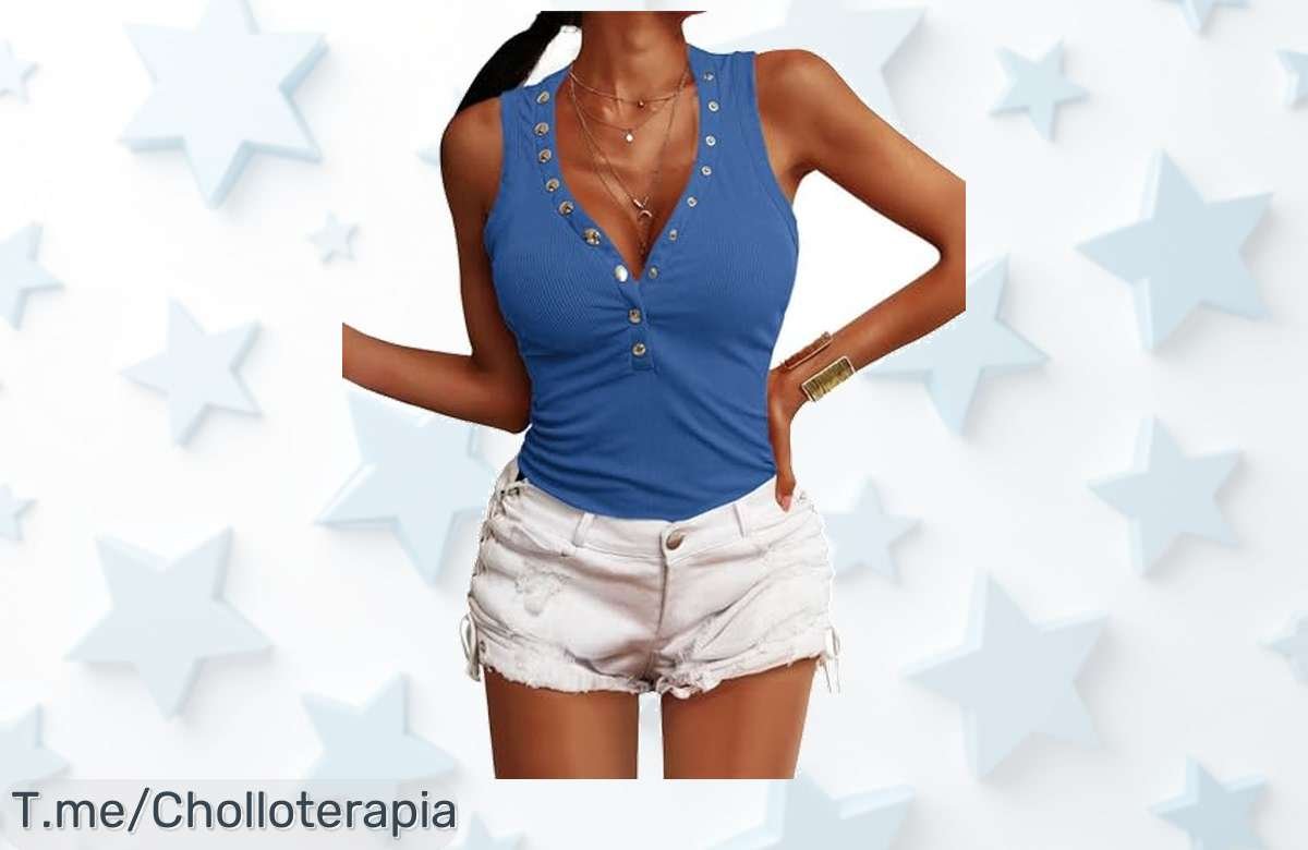 Camiseta sin mangas súper sexy con botones que realzan tu figura aprovecha este ofertón de precio loco nunca visto ¡date prisa es un descuento brutal por tiempo limitado!