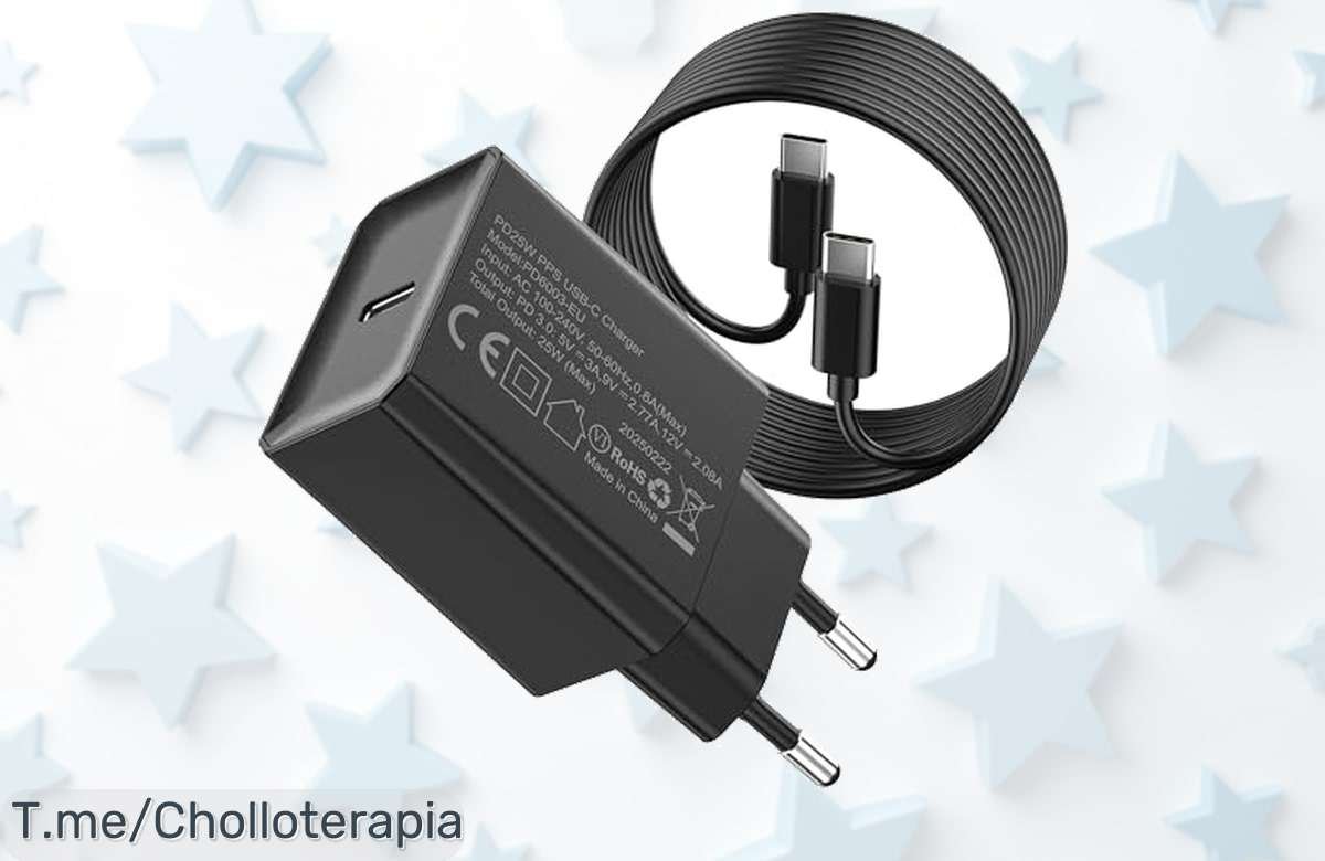 Cargador 25W USB-C con cable incluido a precio loco carga tu móvil en 30 minutos sin dañarlo super chollo oferta limitada corre que vuela este ofertón jamás visto