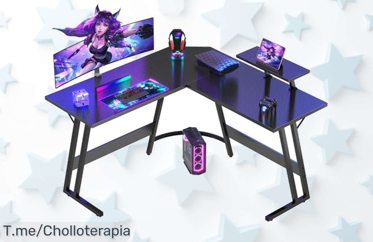 Escritorio gaming en L con soporte para monitor diseño top oferta nunca vista precio de ganga descuento brutal super chollo aprovecha ya antes que se acabe