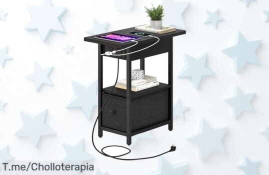 Mesa auxiliar con USB y enchufe con pies ajustables que se adaptan a ti, disfruta del super chollo con descuento brutal solo por tiempo limitado ¡aprovecha ya este precio de ganga!