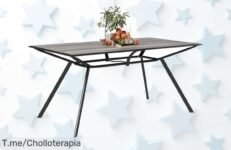 Mesa exterior super resistente con estructura acero y madera imitación ideal para 6 personas aprovecha este ofertón único con precio loco y descuento brutal corre ya