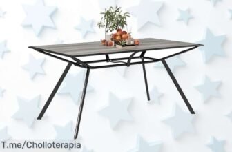 Mesa exterior super resistente con estructura acero y madera imitación ideal para 6 personas aprovecha este ofertón único con precio loco y descuento brutal corre ya
