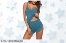 Pijama corto azul turquesa Ekouaer con cuello en V súper sexy y suave, descuentazo nunca visto al mejor precio de ganga ¡aprovecha este super chollo antes que se agote!