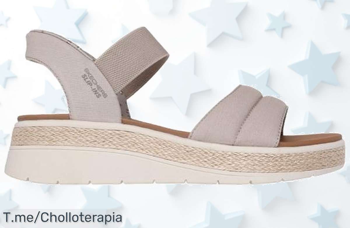 Sandalias planas taupe Skechers con diseño que nunca pasa de moda y descuento brutal precio de ganga super chollo corre que vuelan oferta limitada