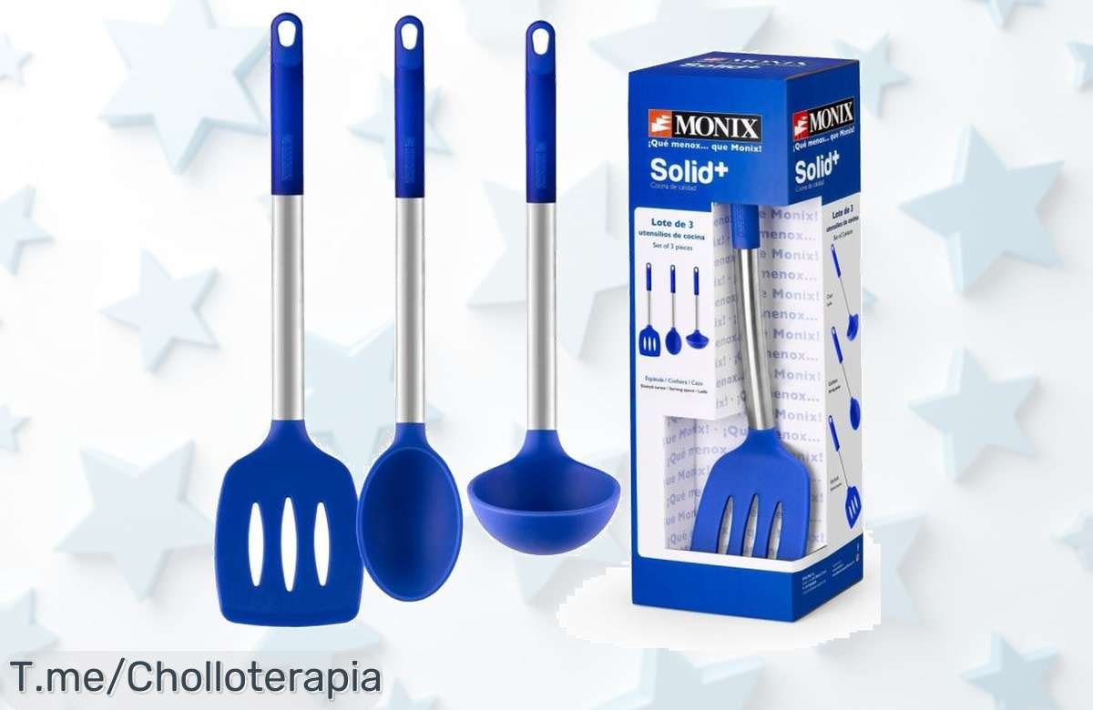 Set 3 utensilios cocina Monix Solid Plus acero y silicona azul calidad insuperable precio loco que no puedes perder súper chollo con descuento brutal corre ya oferta limitada