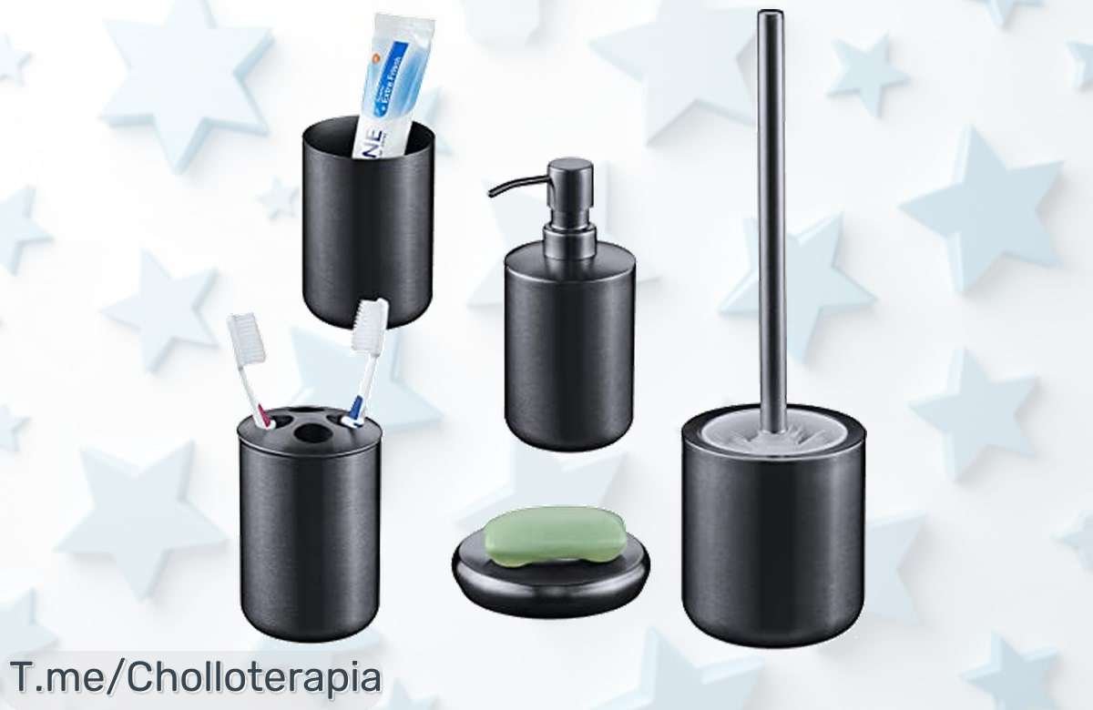 Set de baño 5 piezas acero inox súper resistente y moderno con precio loco nunca visto para tener tu baño ordenado corre que es un descuentazo limitado