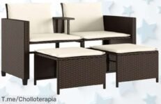 Sofá de jardín 2 plazas con mesa y taburetes ratán PE marrón en oferta brutal disfruta un espacio único al aire libre no esperes más precio loco y super chollo limitado actúa ya