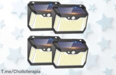 4 luces solares led exteriores con sensor de movimiento ip67 y carga rápida, impermeables para tu jardín o patio a un precio rebajado que está volando ¡Pilla ya este super chollo antes de que se acaben!