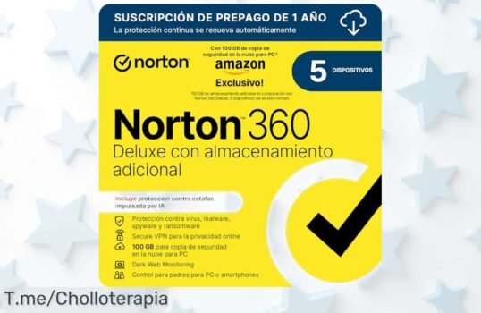 Antivirus Norton 360 Deluxe con protección para 5 dispositivos, VPN integrada y 100 GB en la nube rebajado a precio de ganga solo por tiempo limitado ¡no pierdas este ofertón digital!
