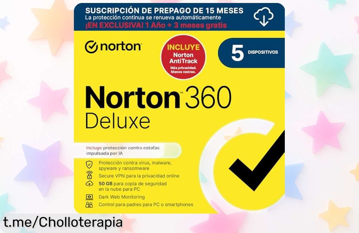 Antivirus Norton 360 Deluxe para 5 dispositivos rebajado a precio loco con VPN y nube, seguridad total sin complicaciones ¡No dejes escapar este ofertón que no durará!