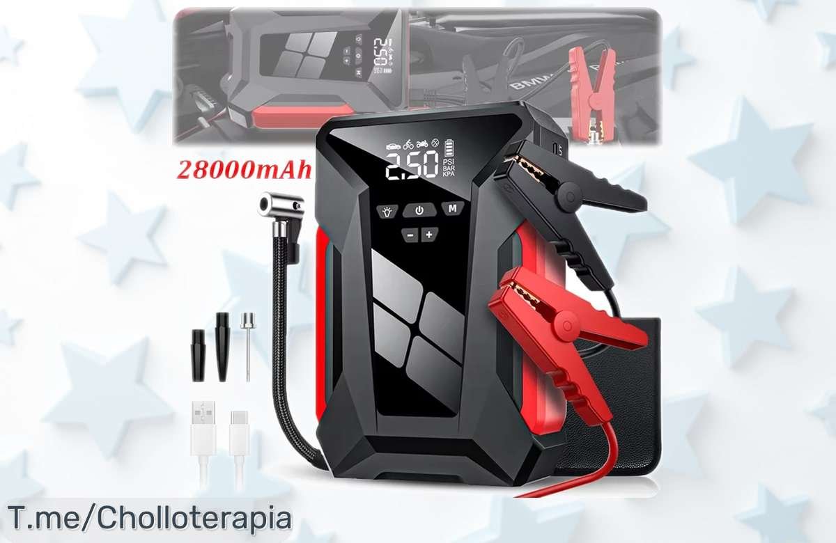 Arrancador de batería 28000mAh con inflador y powerbank, una multilínea alucinante que rebajaron para ti: energía a tope en un solo dispositivo. ¡No lo dudes más, es el momentazo para llevártelo antes de que se esfume esta oferta!