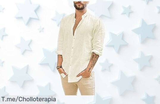 Camisa de lino beige manga larga para hombre con precio rebajado y súper versátil, perfecta para oficina, playa o cualquier plan; un ofertón que se lleva volando ¡no pierdas esta oportunidad ni lo pienses!
