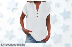 Camisa mujer verano en algodón y lino con botones y cuello en V rebajada de precio, diseño elegante para cualquier ocasión que no puedes dejar pasar ahora mismo ¡Últimas unidades con descuento brutal por tiempo limitado!