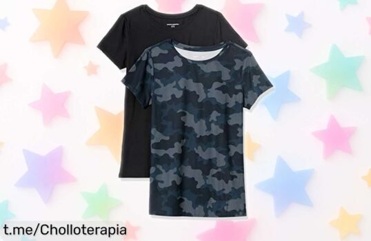Camisetas elásticas Amazon Essentials en negro y azul marino diseño moderno más larga para entrenar sin límites con precio rebajado super chollo que se agota rápido ¡hazte ya con las 2 unidades antes de que desaparezcan!