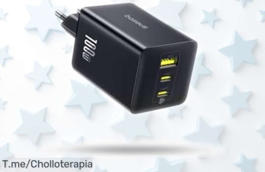 Cargador Baseus Enerfill 100W con triple USB-C para carga rapidísima y segura, tecnología GaN que cuida tus aparatos; rebajado y volando de las estanterías, vente rápido antes que se acabe este ofertón único