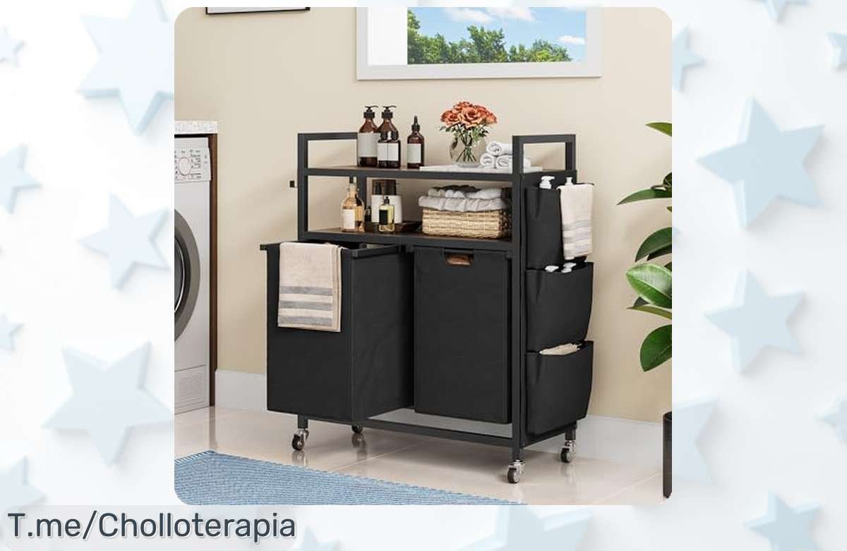 Cesta de lavandería industrial YITAHOME con 2 bolsas y estantes rebajada por tiempo limitado disfruta este super chollo que te organiza la ropa fácil y rápido ¡no pierdas esta ganga que se agota ya!