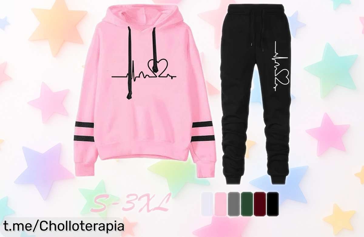 Chándal informal con sudadera a rayas y capucha plus pantalones negros, talla S3XL, diseño top y precio rebajado que vuela fácil – ¡date prisa porque este super chollo se acaba ya!