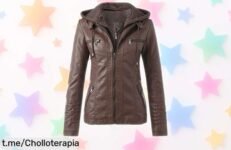Chaqueta de cuero para mujer L9WEI con capucha en marrón, ideal para otoño y motoristas que buscan estilo y resistencia; precio rebajado a un nivel increíble, oferta limitada – ¡no la dejes escapar o será tarde!