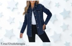 Chaqueta vaquera Roskiky para mujer azul oscuro holgada con bolsillos prácticos rebajada de precio super chollo ideal para el frío corre que vuelan las unidades y no la dejes escapar