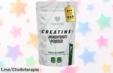 Creatina monohidratada Foodelis 1 kg con súper absorción y una solubilidad top, ¡precio rebajado que vuela! Más fuerza y energía desde la primera dosis, pack de 333 disparos para tus entrenos intensos, no tardes porque esta oferta se acaba ya