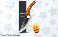 Cuchillo de chef forjado a mano en acero alemán con mango espiga completa y funda, un super chollo rebajado solo por tiempo limitado ¡Pilla esta joya para cocina y camping antes de que se esfume!