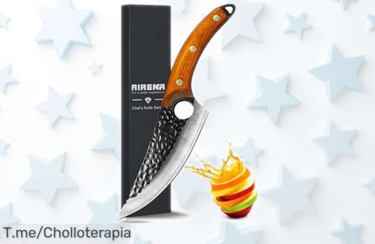 Cuchillo de chef forjado a mano en acero alemán con mango espiga completa y funda, un super chollo rebajado solo por tiempo limitado ¡Pilla esta joya para cocina y camping antes de que se esfume!