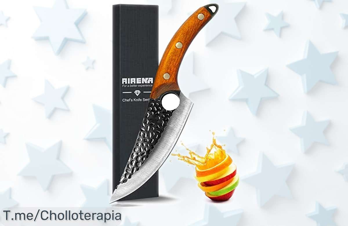 Cuchillo de chef forjado a mano en acero alemán con mango espiga completa y funda, un super chollo rebajado solo por tiempo limitado ¡Pilla esta joya para cocina y camping antes de que se esfume!