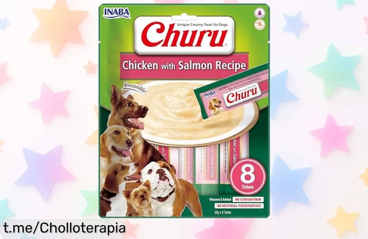 Deliciosas golosinas INABA Churu para perros con pollo y salmón sin conservantes, precio rebajado que vuela, 8 tubos ideales para premiar o medicar fácil y rápido ¡corre que vuelan estas delicias!