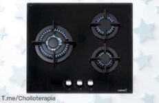 Encimera de cristal negro Cata CCI 6021 BK con 3 quemadores potentes, ahora con precio rebajado irresistible y cambio fácil entre gas natural y butano ¡corre que quedan pocas unidades para este súper chollo!