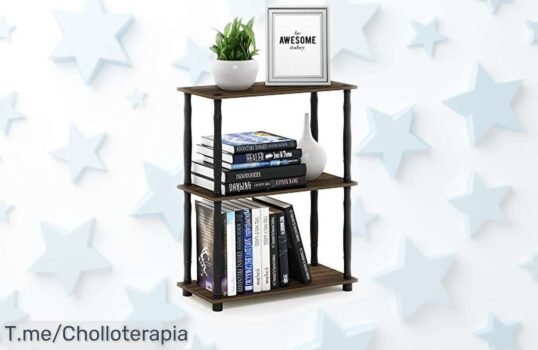 Estante de exhibición Furinno nogal-negro con diseño moderno y resistente que aguanta hasta 9 kg cada balda, ahora a un precio rebajado brutal ¡date prisa que vuelan las unidades en esta oferta única!