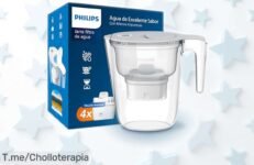 Filtro de jarra Philips con 4 cartuchos y temporizador que elimina cloro, cal y microplásticos rápido; ¡precio rebajado irresistible solo por tiempo limitado, no dejes escapar esta oportunidad para tener agua limpia ya!