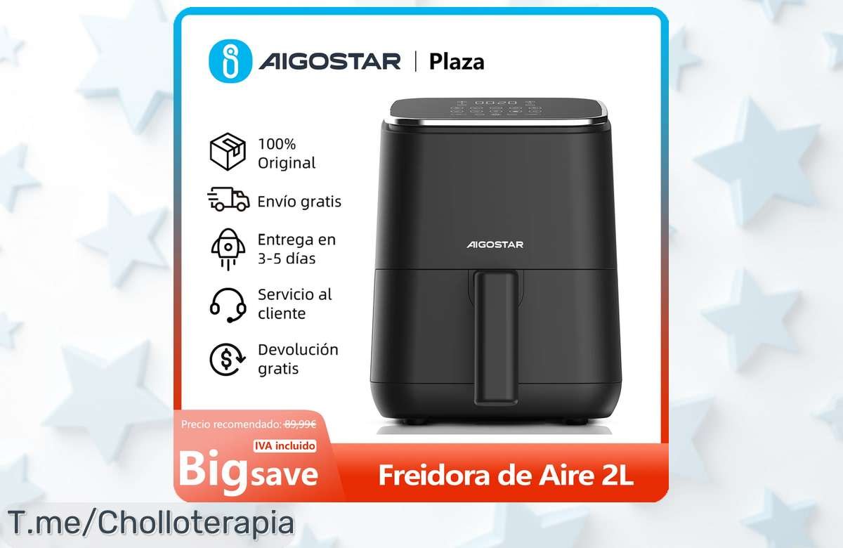 Freidora de aire 2L con pantalla táctil LED y 8 programas rebajada a precio loco para cocinar rápido y rico sin líos, ¡solo hoy este super chollo con rejilla antiadherente fácil de limpiar te espera! No la dejes escapar que vuelan.