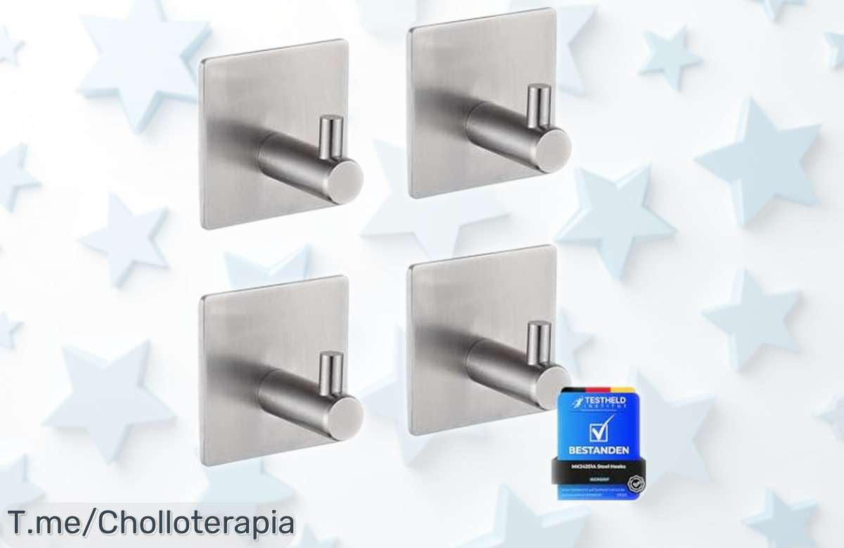 Ganchos de acero Ibergrif MK34251A súper resistentes sin marcas para baño y cocina 4 unidades con adhesivo 3M a precio rebajado ¡Un ofertón que aguanta todo, aprovecha ya antes que vuelen!